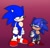 Size: 799x768 | Tagged: safe, artist:cory_hedgehog, sonic the hedgehog, 2024, classic sonic, duo, frown, gradient background, hand on hip, lidded eyes, looking at each other, self paradox, squinting, standing