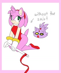 Size: 1280x1520 | Tagged: suggestive, artist:laconchadetupadre, amy rose, blaze the cat, cat, hedgehog, 2019, amy x blaze, cute, english text, female, females only, gymnastic outfit, lesbian, nosebleed, shipping