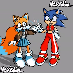 Size: 2048x2048 | Tagged: safe, artist:mexisabine2, miles "tails" prower, sonic the hedgehog, 2024, duo, fistbump, grey background, signature, simple background, smile, standing, trans female, transgender