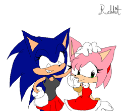 Size: 585x514 | Tagged: safe, artist:softbunnyrabbit, amy rose, sonic the hedgehog, amy x sonic, blushing, duo, eyes closed, half r63 shipping, hand on another's head, lesbian, looking away, shipping, simple background, skirt, smile, standing, tank top, trans female, transgender, white background