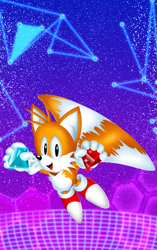 Size: 840x1336 | Tagged: safe, artist:kamicciolo, miles "tails" prower, sonic superstars, 2023, abstract background, chaos emerald, classic style, classic tails, flying, holding something, looking at viewer, mouth open, smile, solo, sparkles, spinning tails, wallpaper