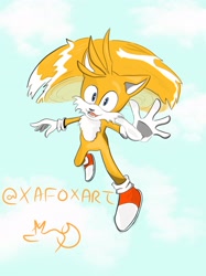 Size: 2048x2732 | Tagged: safe, artist:xafox, miles "tails" prower, 2023, abstract background, clouds, daytime, flying, looking at viewer, mouth open, outdoors, signature, smile, spinning tails