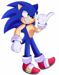 Size: 1280x1642 | Tagged: safe, artist:anidoodlez, sonic the hedgehog, 2023, looking offscreen, pointing, signature, simple background, smile, solo, standing, white background
