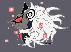 Size: 1282x943 | Tagged: safe, artist:risziarts, infinite the jackal, 2023, bust, cube, grey background, infinite's mask, looking at viewer, outline, phantom ruby, side view, signature, simple background, solo