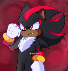 Size: 1106x1154 | Tagged: safe, artist:anidoodlez, shadow the hedgehog, 2023, abstract background, clenched fist, frown, looking offscreen, one fang, signature, solo, standing