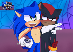 Size: 1960x1403 | Tagged: safe, artist:anidoodlez, shadow the hedgehog, sonic the hedgehog, sonic prime, 2024, abstract background, arm around shoulders, blushing, duo, frown, gay, hand on hip, lidded eyes, looking offscreen, mouth open, redraw, reference inset, shadow x sonic, shipping, signature, smile, sonic prime s3, standing, v sign