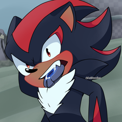 Size: 1516x1516 | Tagged: safe, artist:anidoodlez, shadow the hedgehog, sonic prime, 2023, abstract background, looking at viewer, mouth hold, redraw, signature, solo, sonic prime s3, standing