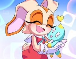 Size: 1383x1080 | Tagged: safe, artist:anidoodlez, cheese (chao), cream the rabbit, chao, sonic dream team, 2023, abstract background, blushing, cheeseabetes, creamabetes, cute, duo, eyes closed, heart, hugging, mouth open, neutral chao, redraw, signature, smile, standing