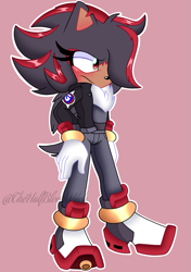Size: 1621x2297 | Tagged: safe, artist:anidoodlez, shadow the hedgehog, 2023, chipped ear, crop top, g.u.n logo, gender swap, hair over one eye, jacket, looking offscreen, movie style, outline, pants, pink background, signature, simple background, solo