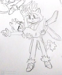 Size: 1792x2144 | Tagged: safe, artist:pepperedpennies, amy rose, blaze the cat, cat, hedgehog, 2019, amy x blaze, amy's halterneck dress, blaze's tailcoat, carrying them, cute, female, females only, lesbian, line art, looking at each other, one eye closed, shipping, sketch, traditional media