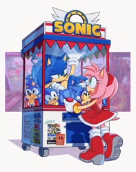 Size: 1797x2281 | Tagged: safe, artist:beeames, amy rose, sonic the hedgehog, claw machine, stuffed animal