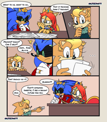 Size: 1015x1158 | Tagged: safe, artist:risziarts, sally acorn, sonic the hedgehog, oc, oc:alicia acorn, 25/30 years later, au:sonic world travel, blue power pattern, comic, cyan power pattern, family, father and daughter, king sonic, marriage ring, mother and daughter, queen sally acorn, roboticized, shipping, sonally, straight