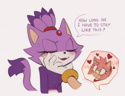 Size: 1362x1043 | Tagged: safe, artist:spacecolonie, amy rose, blaze the cat, cat, hedgehog, 2023, amy x blaze, blaze's tailcoat, blushing, cute, english text, eyes closed, female, females only, hand on chin, hearts, lesbian, looking at them, shipping