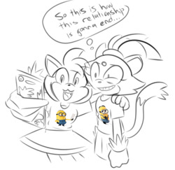 Size: 540x525 | Tagged: safe, artist:sonicshank, amy rose, blaze the cat, cat, hedgehog, 2018, cute, english text, female, females only, lesbian, line art, minion (despicable me), selfie, shipping, sketch, smile, speech bubble, t-shirt