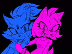 Size: 2048x1535 | Tagged: safe, artist:lumijulie, amy rose, blaze the cat, cat, hedgehog, 2024, alternate version, amy x blaze, female, females only, holding arm, lesbian, looking at viewer, shipping