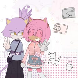 Size: 843x843 | Tagged: safe, artist:q_rulie, amy rose, blaze the cat, cat, hedgehog, 2024, amy x blaze, cute, english text, eyes closed, female, females only, hearts, holding hands, lesbian, looking at them, peace sign, shipping