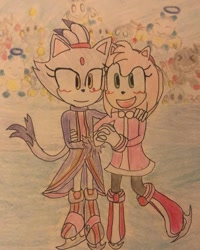 Size: 1080x1350 | Tagged: safe, artist:_bananaxart, amy rose, blaze the cat, cat, hedgehog, 2024, amy x blaze, blushing, cute, female, females only, holding hands, ice skates, lesbian, looking at viewer, mario & sonic at the olympic games, mouth open, shipping, traditional media, winter outfit
