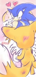 Size: 487x1024 | Tagged: safe, artist:sa2battle, miles "tails" prower, sonic the hedgehog, 2024, blushing, crush, duo, gay, heart, ring, shipping, smile, sonic x tails, sparkles, standing