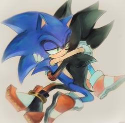 Size: 2048x2007 | Tagged: safe, artist:vandekinang, shadow the hedgehog, sonic the hedgehog, 2024, beige background, duo, gay, hugging, lidded eyes, shadow x sonic, shipping, simple background, sitting, smile