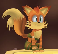 Size: 1080x1002 | Tagged: safe, artist:chaton150, mangey, miles "tails" prower, sonic prime, 2024, all fours, gradient background, lineless, looking offscreen, one fang, signature, smile, solo