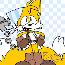 Size: 512x512 | Tagged: safe, artist:ppepprerde, miles "tails" prower, sails, sonic prime, 2023, checkered background, flat colors, hands on hips, looking ahead, looking offscreen, mouth open, one fang, signature, smile, solo, standing