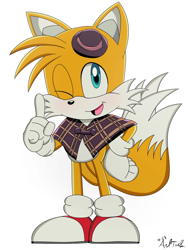 Size: 1050x1400 | Tagged: safe, artist:andtails1, miles "tails" prower, the murder of sonic the hedgehog, 2023, cute, mouth open, redraw, signature, simple background, smile, solo, sonic x style, standing, style emulation, white background, wink