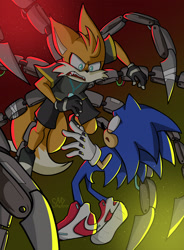 Size: 2000x2720 | Tagged: safe, artist:arty-smartyzz, miles "tails" prower, nine, sonic the hedgehog, sonic prime, 2023, angry, duo, gradient background, looking at each other, scared, signature