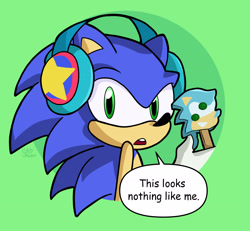 Size: 2600x2400 | Tagged: safe, artist:arty-smartyzz, sonic the hedgehog, 2024, abstract background, dialogue, english text, headphones, looking back at viewer, mouth open, signature, sonic ice cream, talking