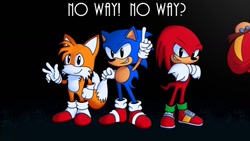 Size: 1280x720 | Tagged: artist needed, source needed, safe, knuckles the echidna, miles "tails" prower, robotnik, sonic the hedgehog, arms folded, black background, english text, group, looking at viewer, no way screen, pointing, redraw, simple background, smile, sonic the hedgehog 3, v sign