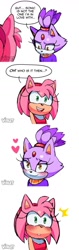 Size: 540x1708 | Tagged: safe, artist:violetmadness7, amy rose, blaze the cat, cat, hedgehog, 2023, amy x blaze, amy's halterneck dress, blaze's tailcoat, blushing, comic, cute, edit, english text, female, females only, hearts, lesbian, looking at them, shipping, speech bubble, stitched