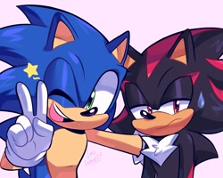 Size: 2048x1638 | Tagged: safe, artist:lou_lubally, shadow the hedgehog, sonic the hedgehog, 2024, duo, frown, lidded eyes, looking at viewer, pink background, selfie, signature, simple background, smile, star (symbol), sweatdrop, wink
