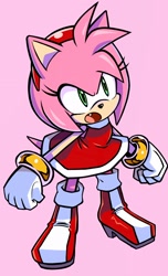 Size: 1245x2048 | Tagged: safe, artist:randomguy9991, amy rose, 2024, clenched fists, looking up, mouth open, one fang, pink background, simple background, solo, standing