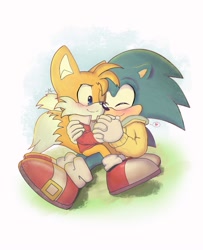 Size: 1620x2000 | Tagged: safe, artist:_nav_o, miles "tails" prower, sonic the hedgehog, 2024, blushing, clothes, duo, eyes closed, gay, heart, holding hands, jacket, looking at them, one eye closed, shipping, signature, sitting, smile, sonic x tails, sweater