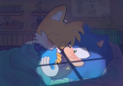 Size: 2048x1436 | Tagged: safe, artist:_nav_o, miles "tails" prower, sonic the hedgehog, 2024, abstract background, bed, blushing, character doll, duo, eyes closed, gay, indoors, pillow, shipping, signature, smile, sonic x tails, stuffed animal