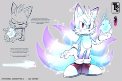 Size: 2048x1365 | Tagged: safe, artist:thatbirdguy_, miles "tails" prower, 2024, english text, flame, frown, grey background, hyper form, hyper tails, kitsune, looking at viewer, simple background, solo, standing