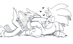 Size: 928x562 | Tagged: safe, artist:sk_rokuro, knuckles the echidna, sonic the hedgehog, 2024, between legs, blushing, duo, gay, heart, knuxonic, lidded eyes, line art, looking at each other, lying down, lying on front, mouth open, shipping, sweatdrop