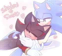 Size: 1280x1150 | Tagged: safe, artist:kazuna_endi, shadow the hedgehog, sonic the hedgehog, 2024, blushing, character name, duo, eyes closed, gay, heart, hugging, lying on them, shadow x sonic, shipping, signature, simple background, sitting, smile, white background