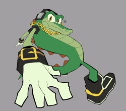 Size: 2048x1804 | Tagged: safe, artist:riggo_draws, vector the crocodile, 2024, frown, grey background, looking at viewer, signature, simple background, solo