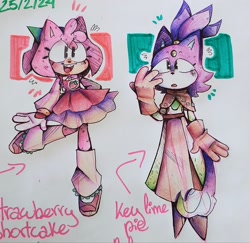 Size: 2048x1988 | Tagged: safe, artist:head---ache, amy rose, blaze the cat, cat, hedgehog, 2024, amy x blaze, cute, female, females only, lesbian, looking at them, shipping, traditional media