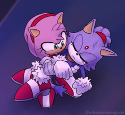 Size: 910x840 | Tagged: safe, artist:ethereal-everglade, amy rose, blaze the cat, cat, hedgehog, 2024, amy x blaze, amy's halterneck dress, blaze's tailcoat, cute, eyes closed, female, females only, holding them, lesbian, scratch (injury), shipping, unconscious