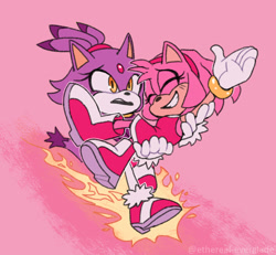 Size: 910x840 | Tagged: safe, artist:ethereal-everglade, amy rose, blaze the cat, cat, hedgehog, 2024, amy x blaze, amy's halterneck dress, blaze's tailcoat, carrying them, cute, eyes closed, female, females only, lesbian, shipping