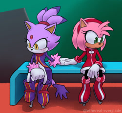 Size: 910x840 | Tagged: safe, artist:ethereal-everglade, amy rose, blaze the cat, cat, hedgehog, 2024, amy x blaze, cute, female, females only, holding hands, ice skates, lesbian, looking at them, mario & sonic at the olympic games, shipping