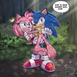 Size: 2550x2550 | Tagged: safe, artist:charuzu2712, artist:htdoodles, amy rose, sonic the hedgehog, carrying them, dialogue, pawpads