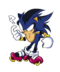Size: 500x600 | Tagged: safe, artist:maitroll, oc, oc:zip the hedgehog, hedgehog, armpads, chest fluff, fankid, frown, kneepads, magical gay spawn, male, parent:shadow, parent:sonic, parents:sonadow, question mark, rollerskates, simple background, solo, white background