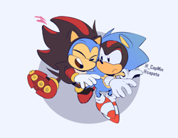 Size: 2048x1587 | Tagged: safe, artist:capeta, shadow the hedgehog, sonic the hedgehog, sonic superstars, abstract background, classic shadow, classic sonic, duo, frown, heart, kigurumi, signature, smile