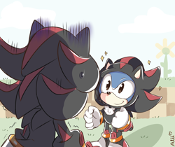 Size: 2048x1719 | Tagged: safe, artist:piink-rose, shadow the hedgehog, sonic the hedgehog, green hill zone, sonic superstars, 2024, abstract background, classic sonic, duo, kigurumi, looking at each other, shadow onesie, signature, smile, sparkles, standing, sunflower, sweatdrop
