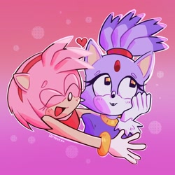 Size: 2048x2048 | Tagged: safe, artist:retrotenn_, amy rose, blaze the cat, cat, hedgehog, 2024, amy x blaze, amy's halterneck dress, blaze's tailcoat, cute, eyes closed, female, females only, hand on cheek, heart, hugging, lesbian, looking up, mouth open, shipping