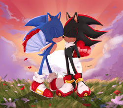 Size: 2048x1809 | Tagged: safe, artist:thel0llip0p, shadow the hedgehog, sonic the hedgehog, 2024, abstract background, blushing, chocolate box, clouds, daytime, duo, eyes closed, flower bouquet, gay, grass, holding something, kiss, leaning in, outdoors, petals, shadow x sonic, shipping, standing, sun, valentine's day