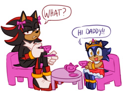 Size: 1178x884 | Tagged: safe, artist:emthimofnight, shadow the hedgehog, oc, oc:stellar the hedgehog, hedgehog, bow, character pov, cute, dialogue, dress, duo, english text, fankid, father and child, father and daughter, holding something, implied sonic, parent:shadow, parent:sonic, parents:sonadow, simple background, sitting, smile, speech bubble, tea party, tiara, white background