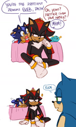 Size: 1029x1724 | Tagged: safe, artist:emthimofnight, shadow the hedgehog, sonic the hedgehog, oc, oc:stellar the hedgehog, hedgehog, dialogue, english text, faic, family, fankid, father and child, father and daughter, looking at each other, looking at them, mouth open, parent:shadow, parent:sonic, parents:sonadow, simple background, sitting, smile, star (symbol), stuffed animal, table, trio, white background